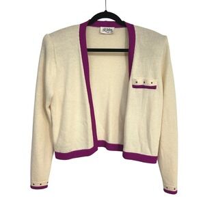 St John Marie Gray Knit Cardigan Sweater 12 Ivory Magenta Trim USA Vintage